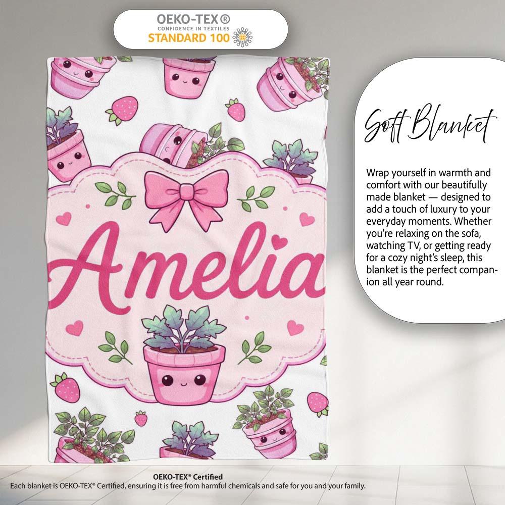 Cute Pink Plant Pots Leaves Strawberry Seamless Pattern Light Grey  Personalised Custom Name Super Soft Fleece Blanket Bed Sofa Throw