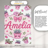 Cute Pink Plant Pots Leaves Strawberry Seamless Pattern Light Grey  Personalised Custom Name Super Soft Fleece Blanket Bed Sofa Throw