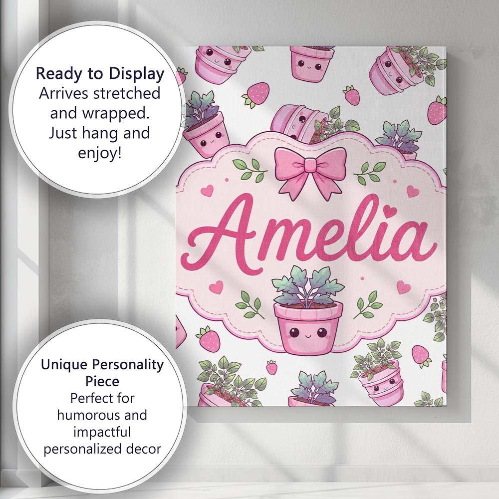 Personalised Name Cute Pink Plant Pots Custom  Modern Room Accent Elegant Feature Canvas Wall Art Print Decor Picture Ready to Hang
