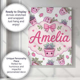 Personalised Name Cute Pink Plant Pots Custom  Modern Room Accent Elegant Feature Canvas Wall Art Print Decor Picture Ready to Hang