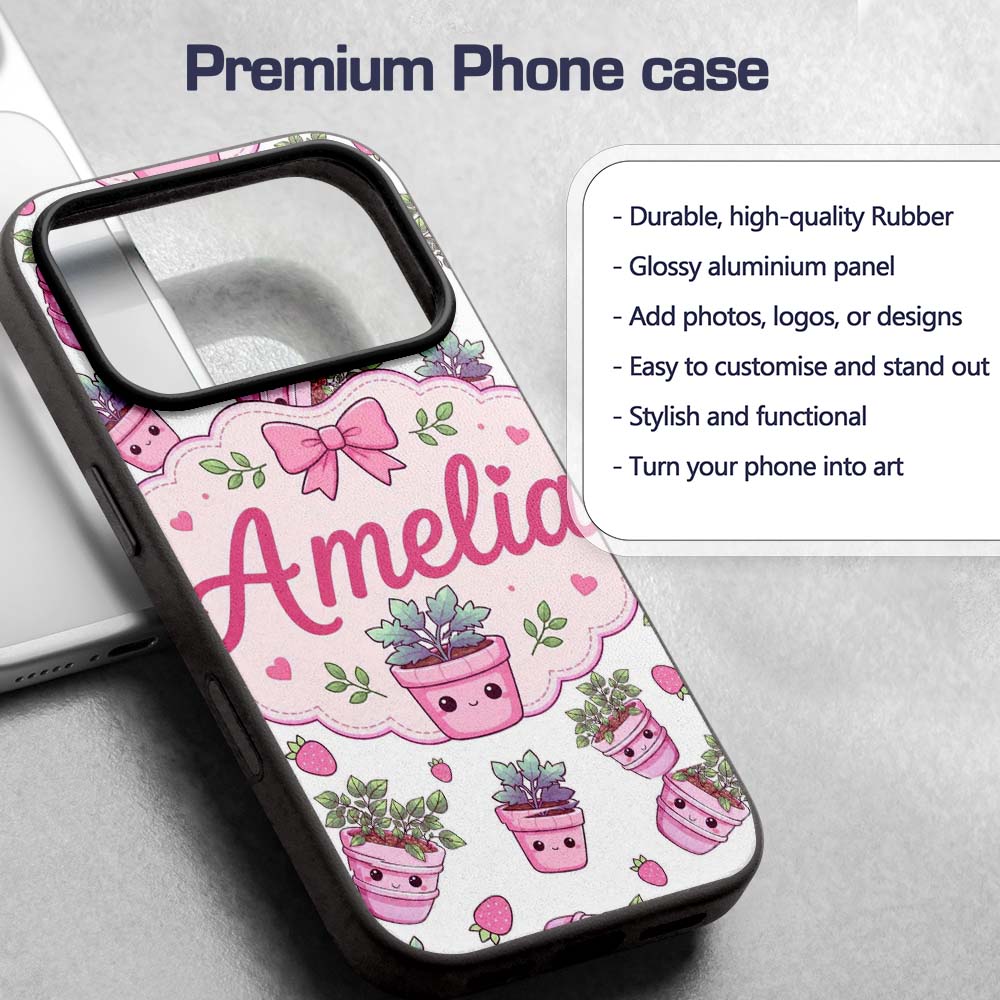 Cute Pink Plant Pots Leaves Strawberry Seamless Custom Name Protective Phone Case Mobile Cover Durable Everyday Smartphone Shock Resistant