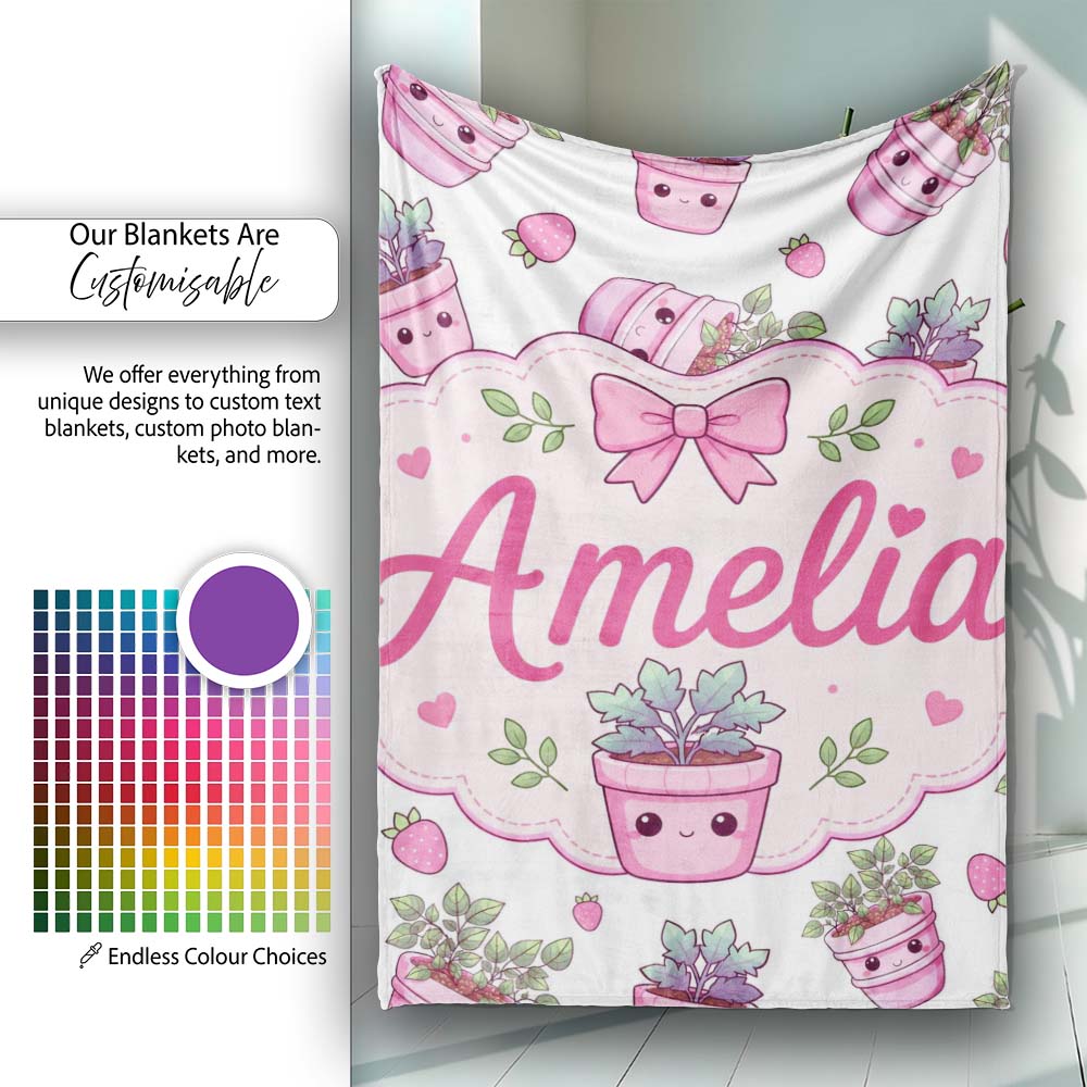 Cute Pink Plant Pots Leaves Strawberry Seamless Pattern Light Grey  Personalised Custom Name Super Soft Fleece Blanket Bed Sofa Throw