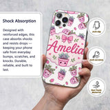 Cute Pink Plant Pots Leaves Strawberry Seamless Custom Name Protective Phone Case Mobile Cover Durable Everyday Smartphone Shock Resistant