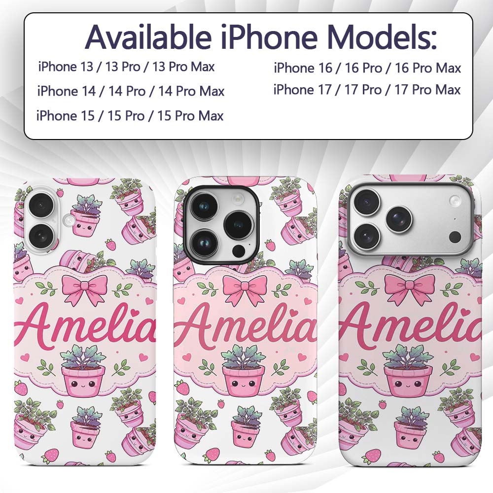 Cute Pink Plant Pots Leaves Strawberry Seamless Custom Name Protective Phone Case Mobile Cover Durable Everyday Smartphone Shock Resistant