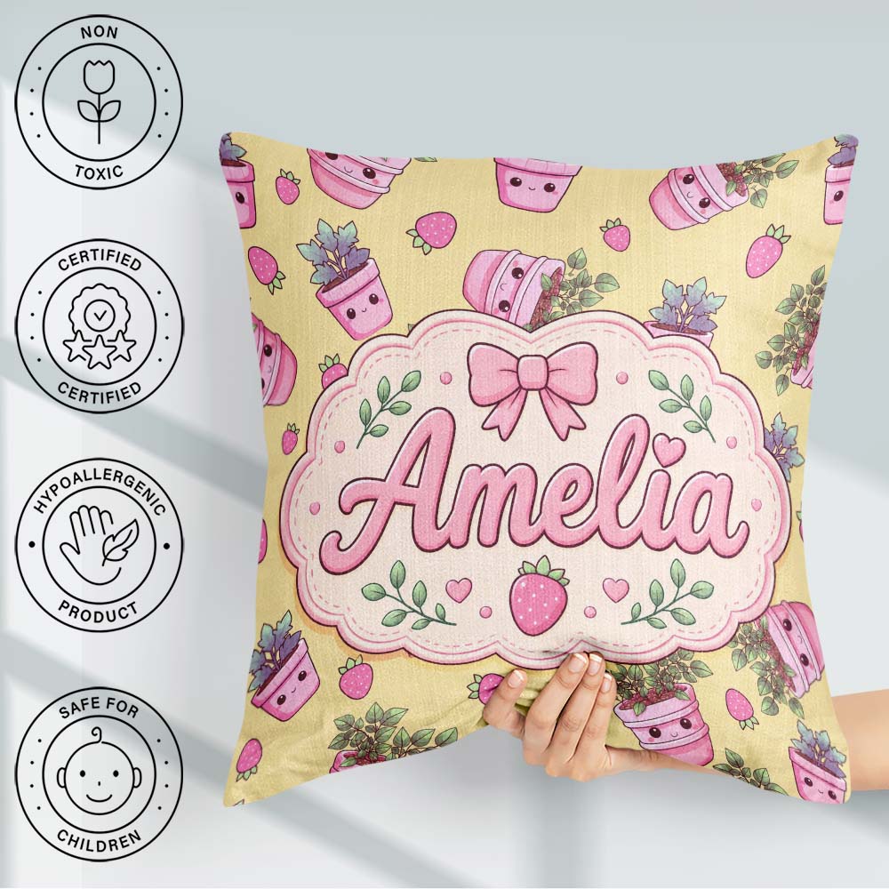 Custom Name Cute Pink Plant Pots Leaves Seamless Pattern Yellow Square Filled Cushion Throw Pillow Sofa Bed Home Decor Zip Washable UK Made