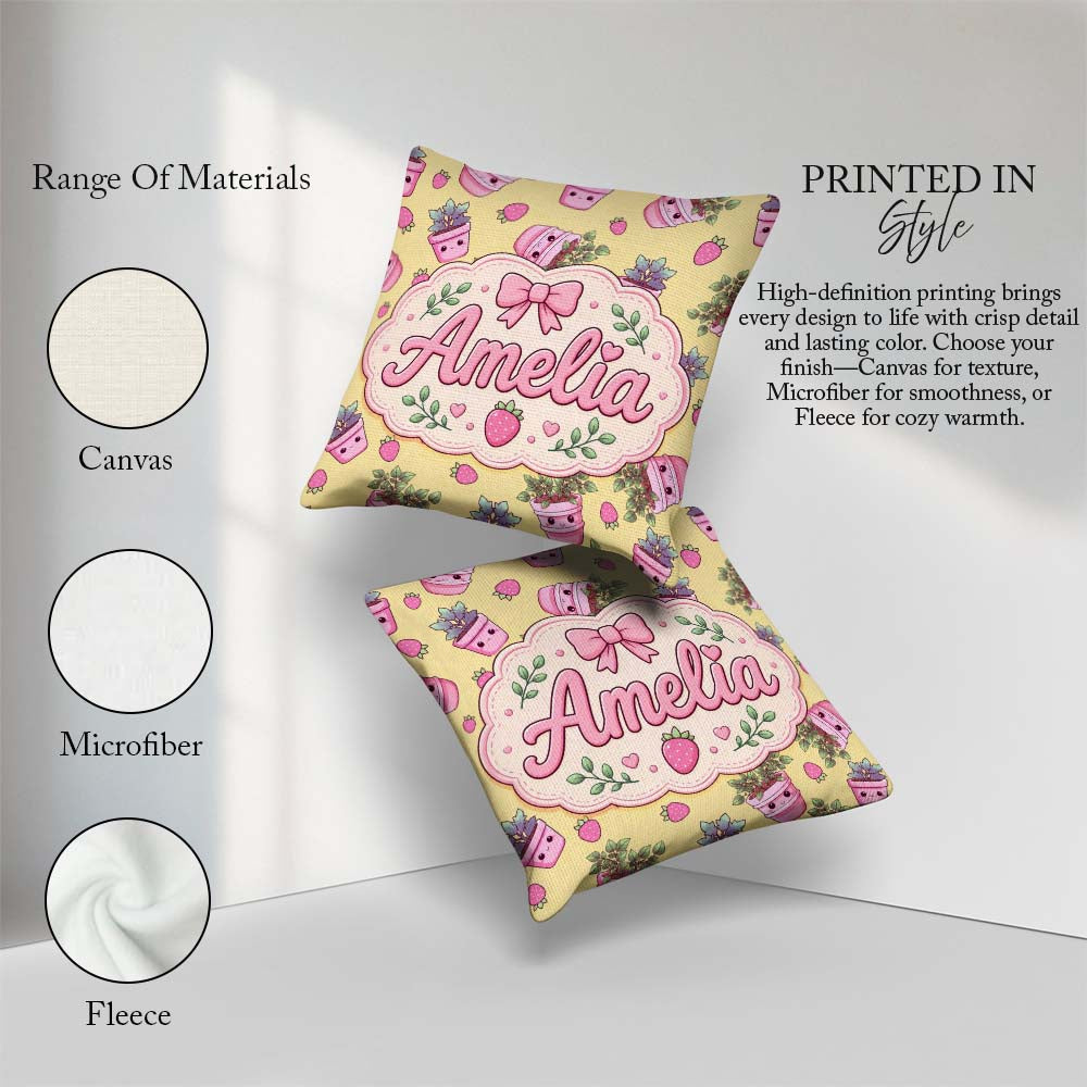 Custom Name Cute Pink Plant Pots Leaves Seamless Pattern Yellow Square Filled Cushion Throw Pillow Sofa Bed Home Decor Zip Washable UK Made