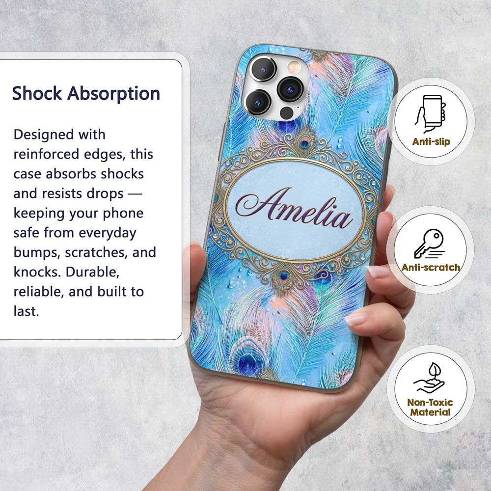 Peacock Feather Iridescent Blue Printed Design Custom Name Protective Phone Case Mobile Cover Durable Everyday Smartphone Shock Resistant