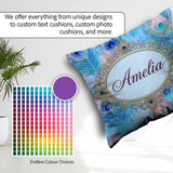 Custom Name Peacock Feather Iridescent Blue Watercolor Seamless Square Filled Cushion Throw Pillow Sofa Bed Home Decor Zip Washable UK Made