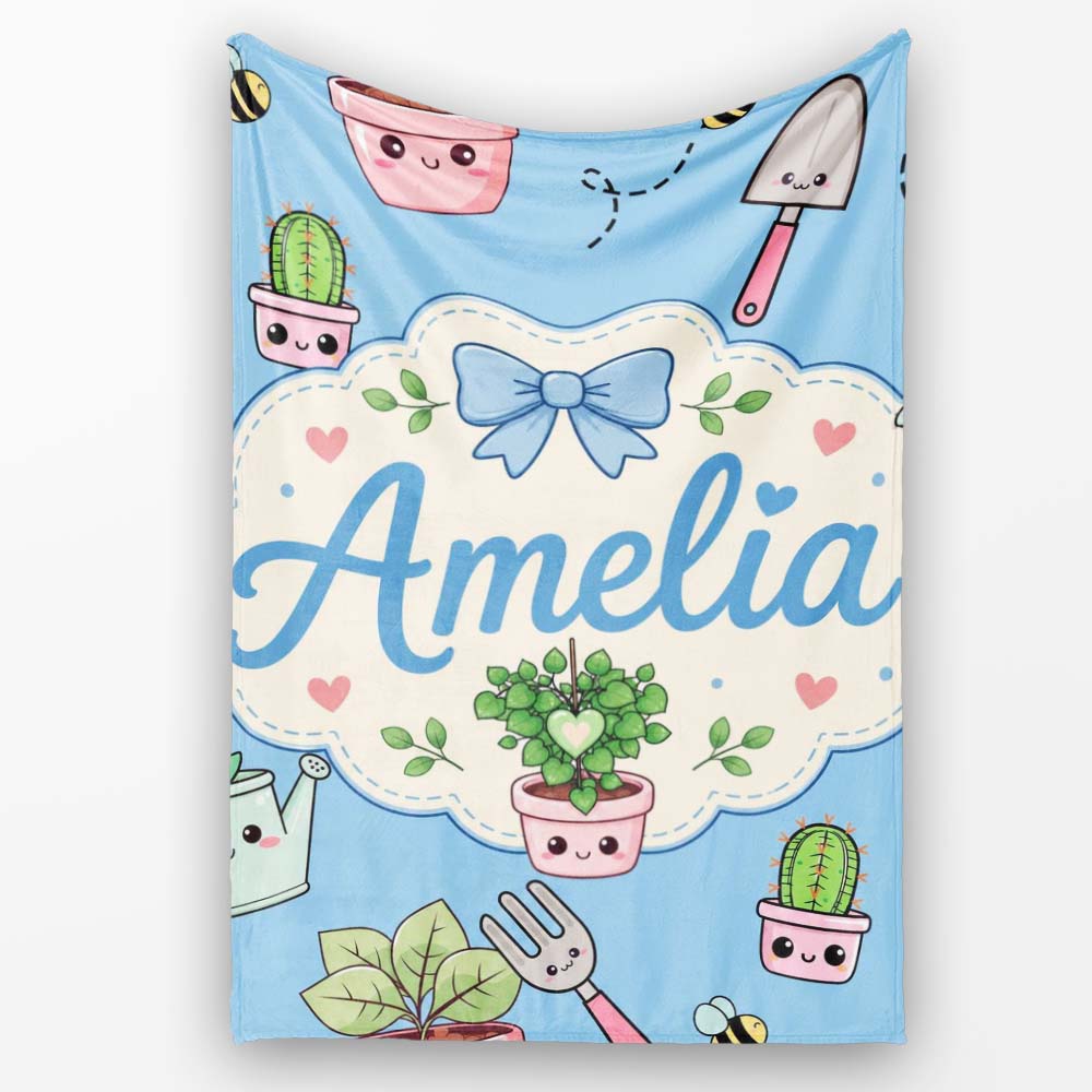 Cute Kawaii Garden Tools Plants Bees Seamless Pattern Blue Lovely  Personalised Custom Name Super Soft Fleece Blanket Bed Sofa Throw