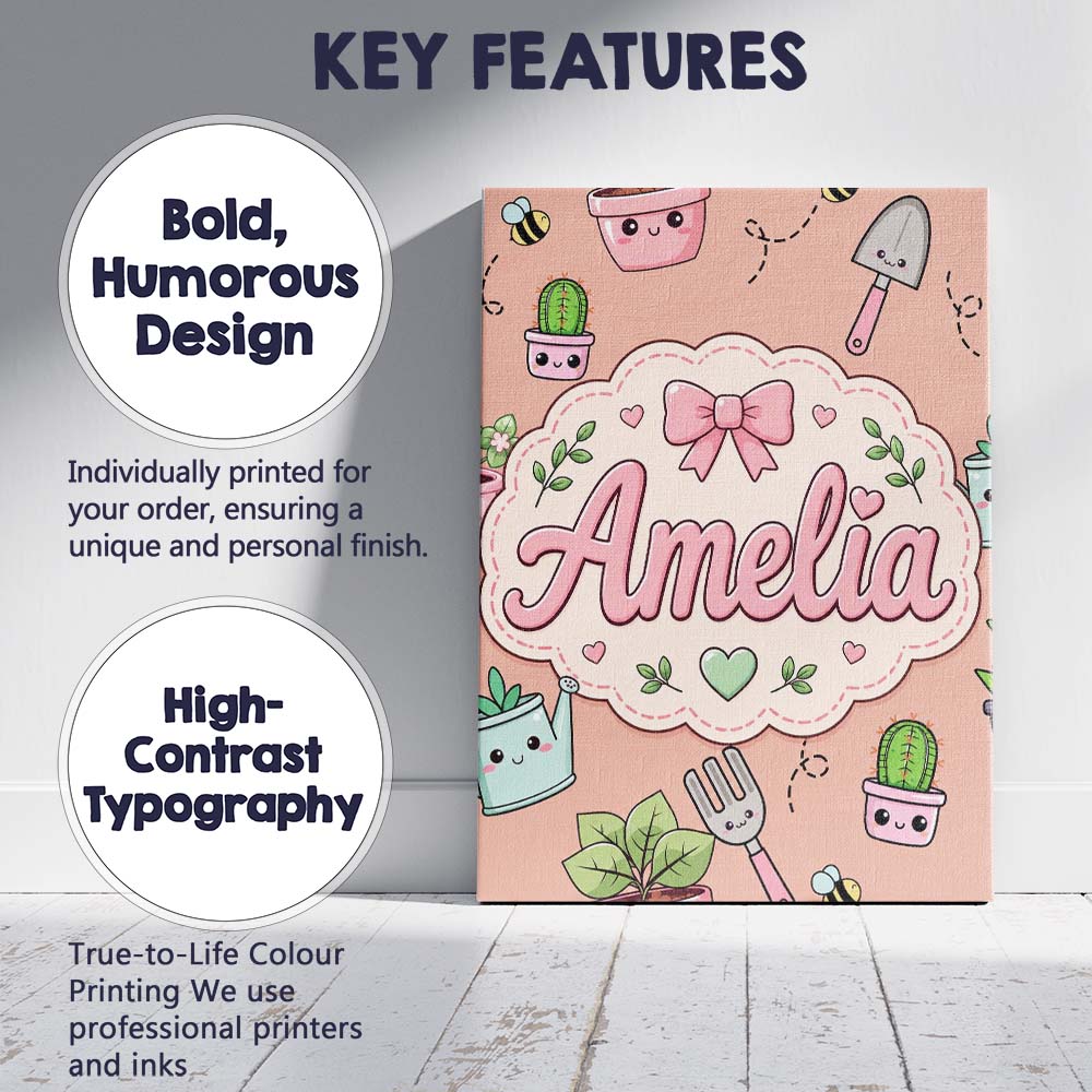 Personalised Name Cute Kawaii Garden Tools Custom  Unique Gift Idea Elegant Feature Canvas Wall Art Print Decor Picture Ready to Hang