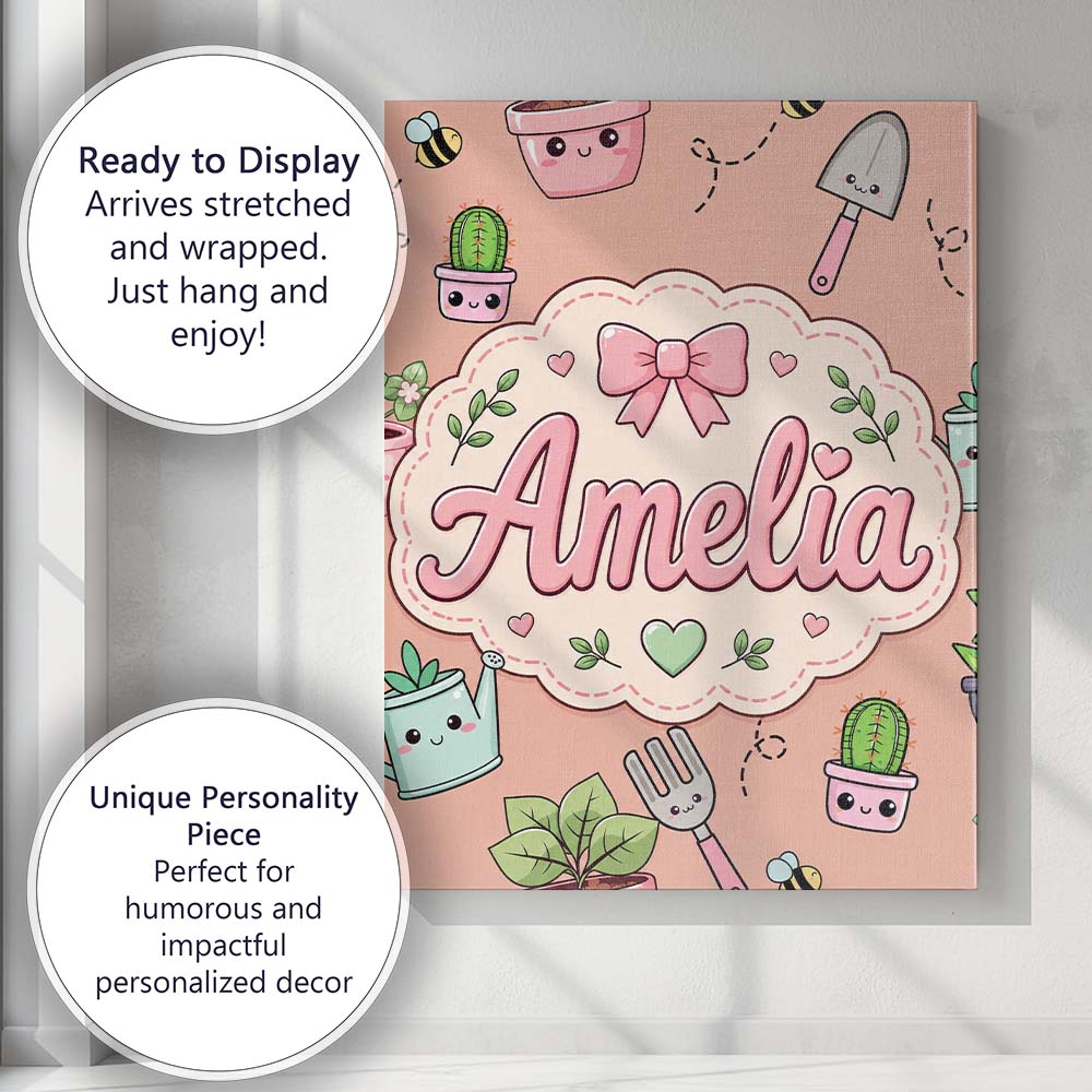 Personalised Name Cute Kawaii Garden Tools Custom  Unique Gift Idea Elegant Feature Canvas Wall Art Print Decor Picture Ready to Hang