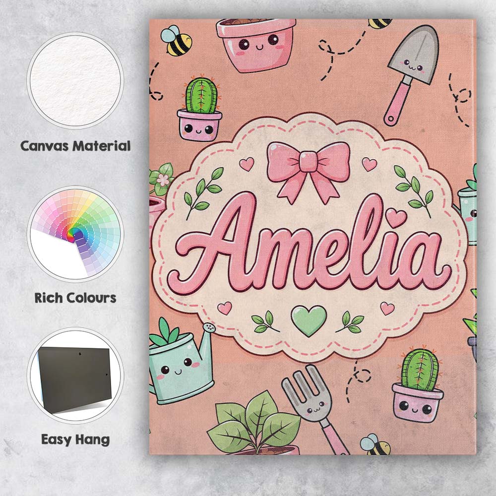 Personalised Name Cute Kawaii Garden Tools Custom  Unique Gift Idea Elegant Feature Canvas Wall Art Print Decor Picture Ready to Hang