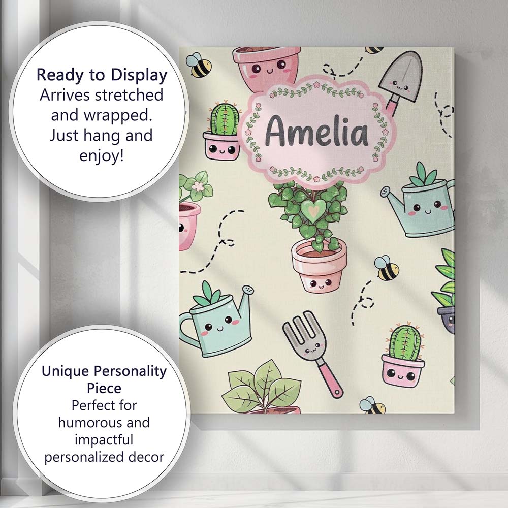 Personalised Name Cute Kawaii Garden Tools Custom  Unique Gift Idea Elegant Feature Canvas Wall Art Print Decor Picture Ready to Hang