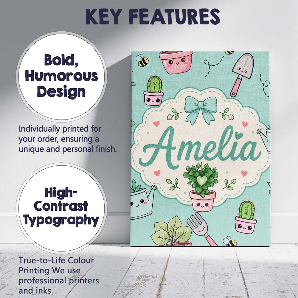 Personalised Name Cute Kawaii Garden Tools Custom  Unique Gift Idea Elegant Feature Canvas Wall Art Print Decor Picture Ready to Hang