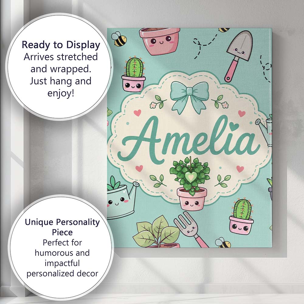 Personalised Name Cute Kawaii Garden Tools Custom  Unique Gift Idea Elegant Feature Canvas Wall Art Print Decor Picture Ready to Hang