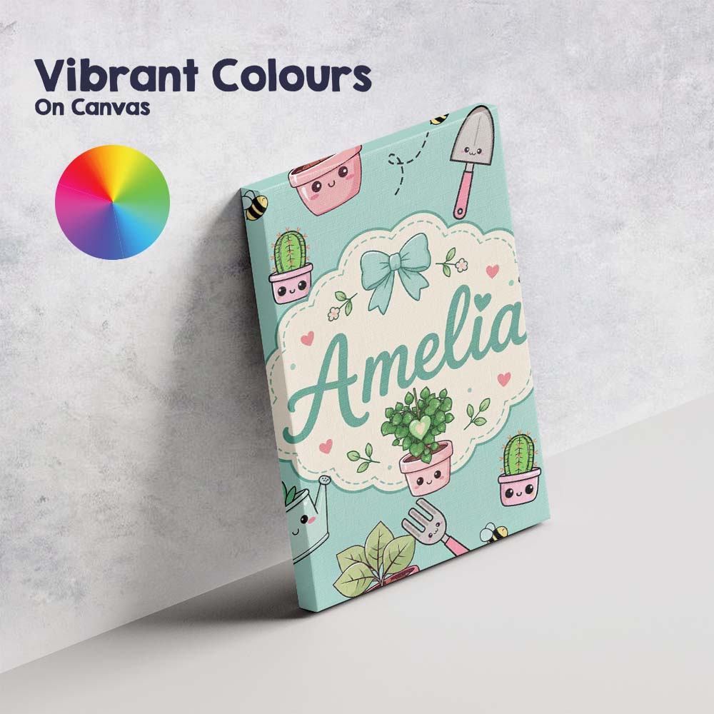 Personalised Name Cute Kawaii Garden Tools Custom  Unique Gift Idea Elegant Feature Canvas Wall Art Print Decor Picture Ready to Hang
