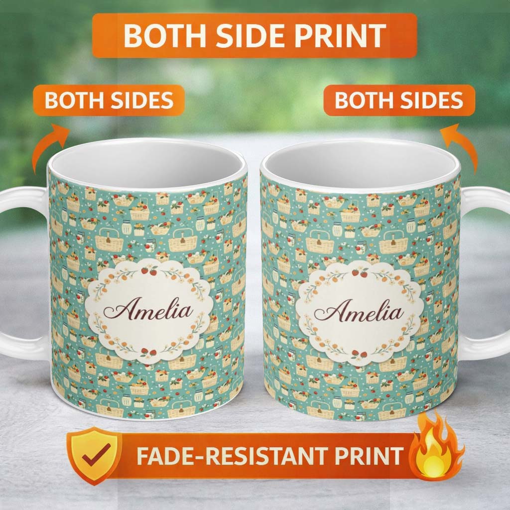 Personalized Custom Name Fresh Picnic Baskets with Flowers and Jars Seamless Pattern Lovely 11oz Ceramic Coffee Tea Mug White Large Handle