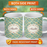 Personalized Custom Name Fresh Picnic Baskets with Flowers and Jars Seamless Pattern Lovely 11oz Ceramic Coffee Tea Mug White Large Handle