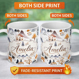 Personalized Custom Name Winter Mountain Cabin Forest Snow Landscape Seamless Pattern Lovely 11oz Ceramic Coffee Tea Mug White Large Handle