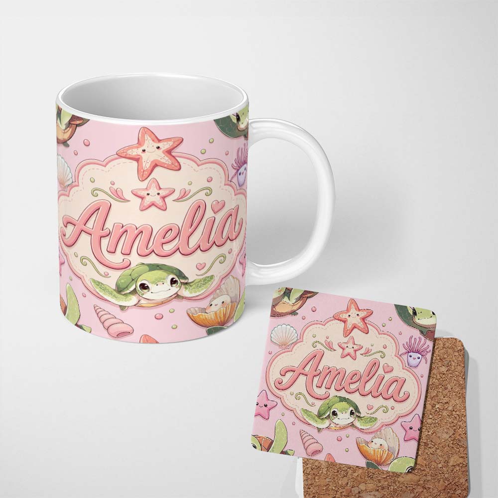 Personalized Custom Name Cute Kawaii Sea Turtle Starfish Shells Ocean Friends Blush Lovely 11oz Ceramic Coffee Tea Mug White Large Handle