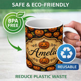 Personalized Custom Name Rustic Autumn Pumpkin Patch with Leaves on Dark Wood Background 11oz Ceramic Coffee Tea Mug White Large Handle