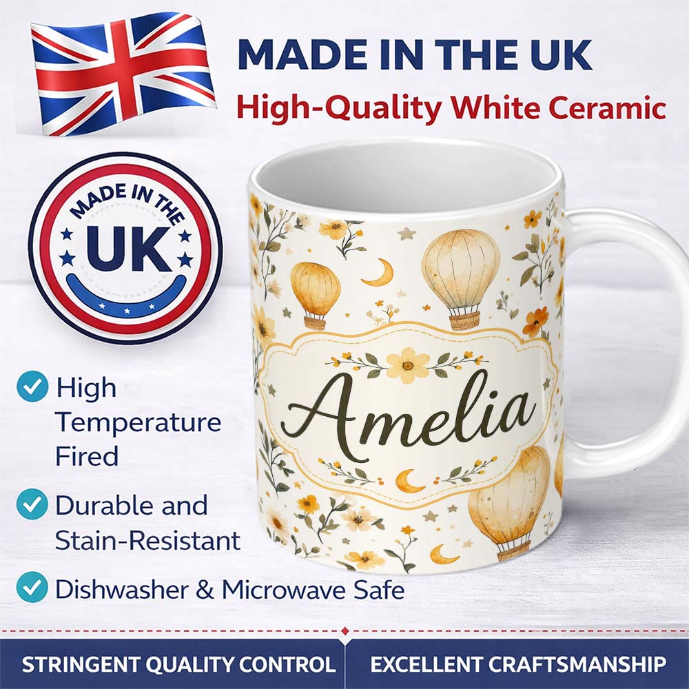 Personalized Custom Name Vintage Hot Air Balloons with Floral Elements Seamless Pattern 11oz Ceramic Coffee Tea Mug White Large Handle