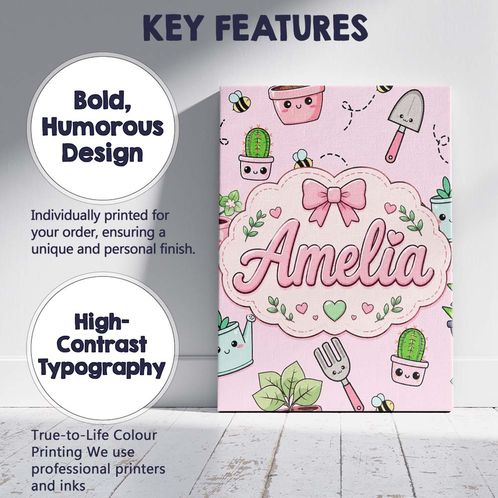 Personalised Name Cute Kawaii Garden Tools Custom  Unique Gift Idea Elegant Feature Canvas Wall Art Print Decor Picture Ready to Hang