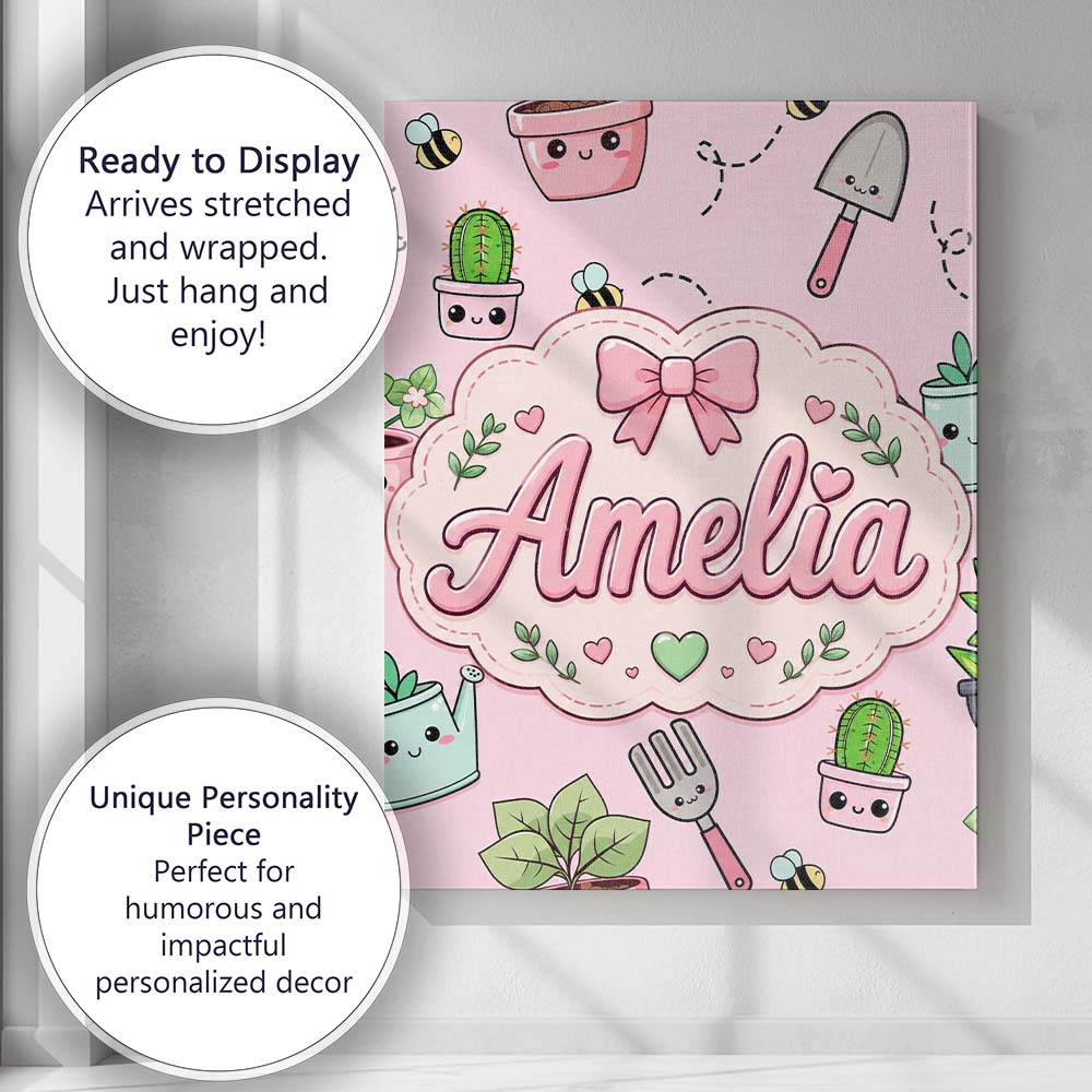 Personalised Name Cute Kawaii Garden Tools Custom  Unique Gift Idea Elegant Feature Canvas Wall Art Print Decor Picture Ready to Hang