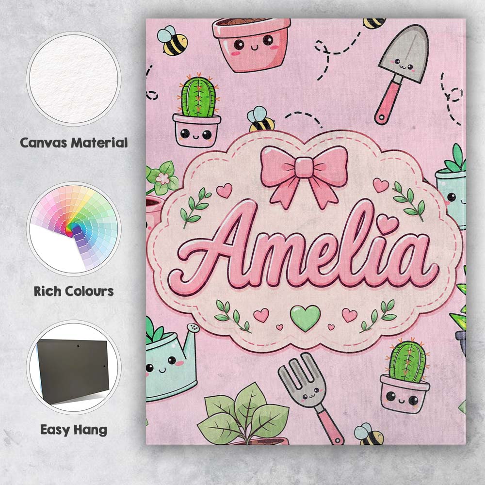 Personalised Name Cute Kawaii Garden Tools Custom  Unique Gift Idea Elegant Feature Canvas Wall Art Print Decor Picture Ready to Hang