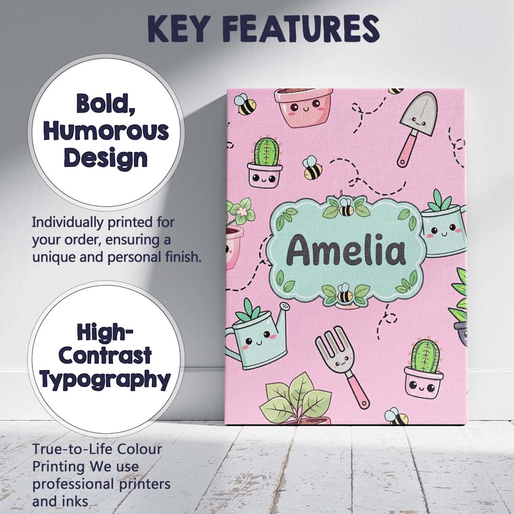 Personalised Name Cute Kawaii Garden Tools Custom  Unique Gift Idea Elegant Feature Canvas Wall Art Print Decor Picture Ready to Hang