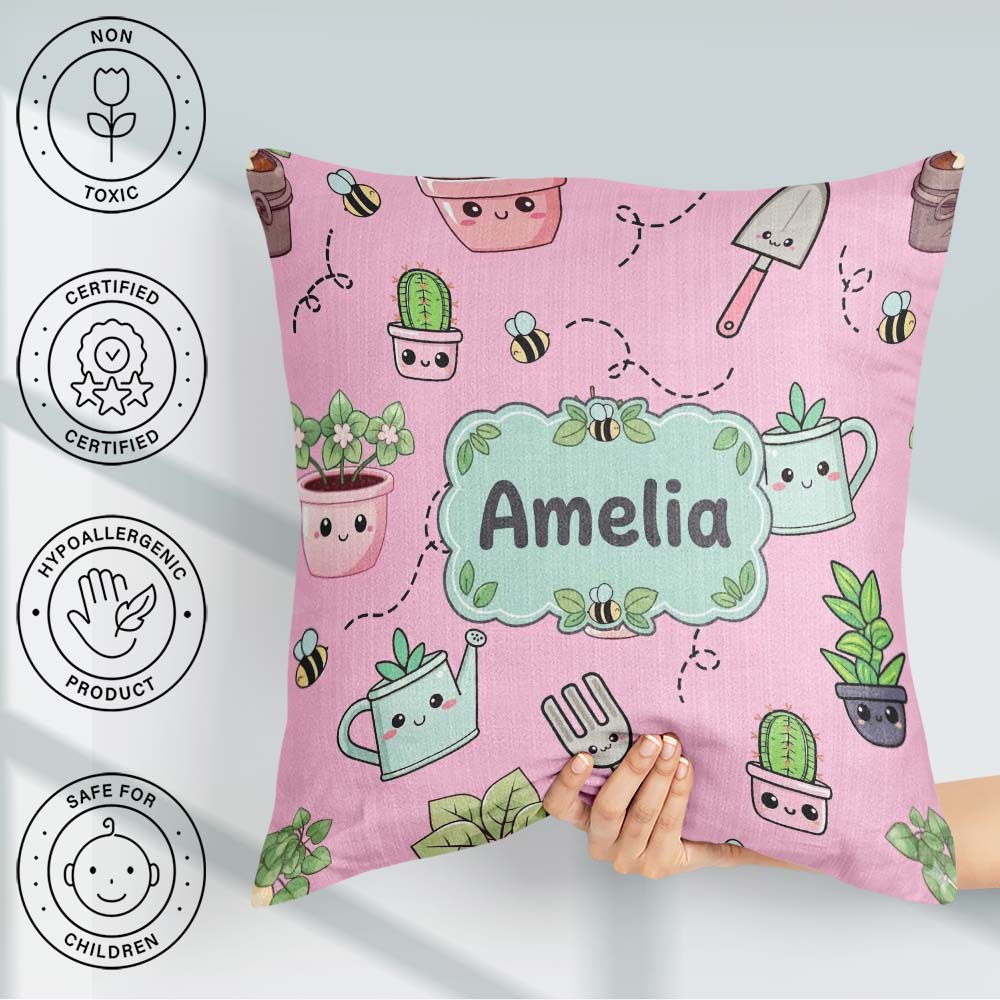 Custom Name Cute Kawaii Garden Plants Bees Seamless Pattern Pink Square Filled Cushion Throw Pillow Sofa Bed Home Decor Zip Washable UK Made