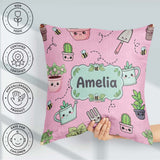Custom Name Cute Kawaii Garden Plants Bees Seamless Pattern Pink Square Filled Cushion Throw Pillow Sofa Bed Home Decor Zip Washable UK Made