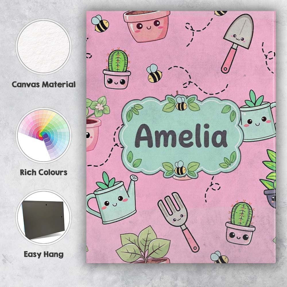 Personalised Name Cute Kawaii Garden Tools Custom  Unique Gift Idea Elegant Feature Canvas Wall Art Print Decor Picture Ready to Hang