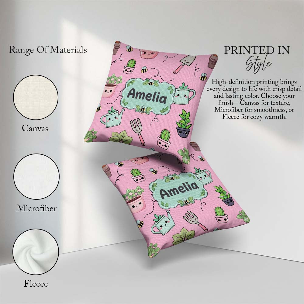 Custom Name Cute Kawaii Garden Plants Bees Seamless Pattern Pink Square Filled Cushion Throw Pillow Sofa Bed Home Decor Zip Washable UK Made
