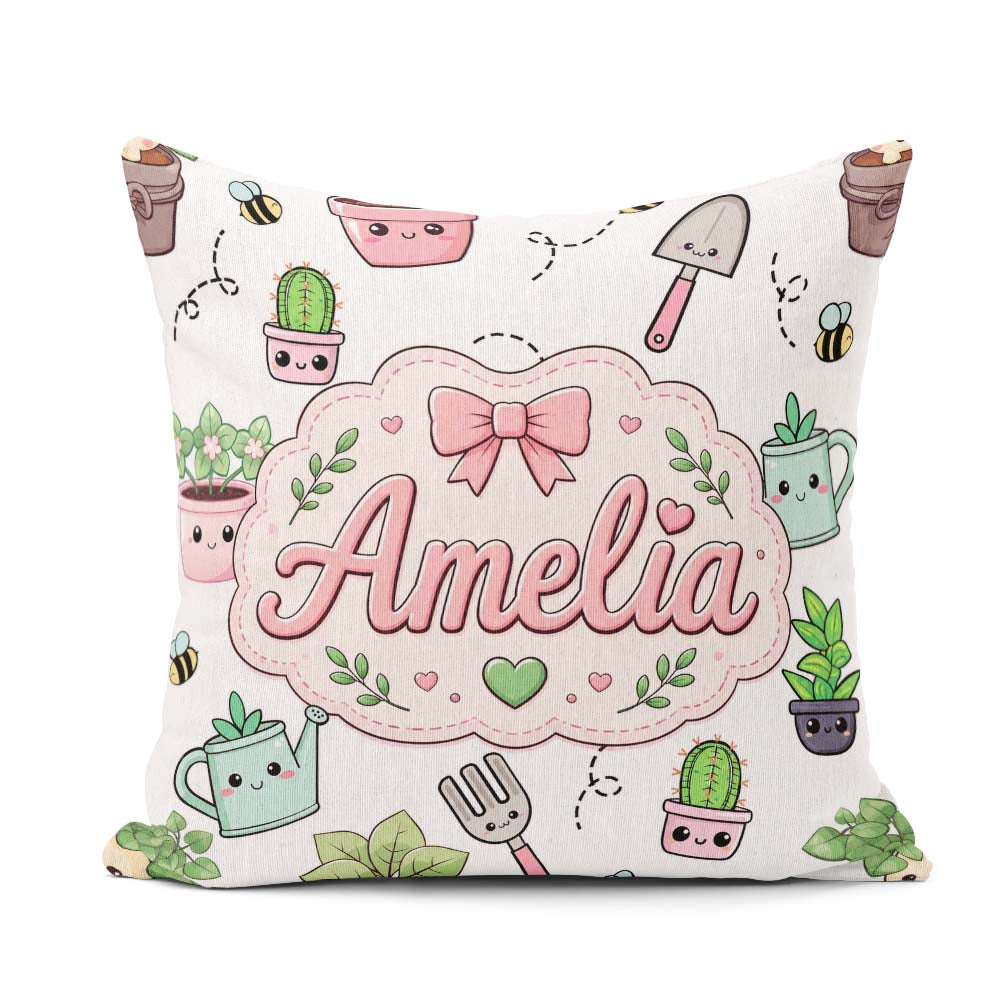 Custom Name Cute Kawaii Garden Plants Bees Seamless Pattern Grey Square Filled Cushion Throw Pillow Sofa Bed Home Decor Zip Washable UK Made