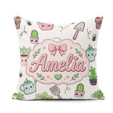 Custom Name Cute Kawaii Garden Plants Bees Seamless Pattern Grey Square Filled Cushion Throw Pillow Sofa Bed Home Decor Zip Washable UK Made