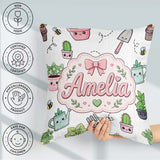 Custom Name Cute Kawaii Garden Plants Bees Seamless Pattern Grey Square Filled Cushion Throw Pillow Sofa Bed Home Decor Zip Washable UK Made