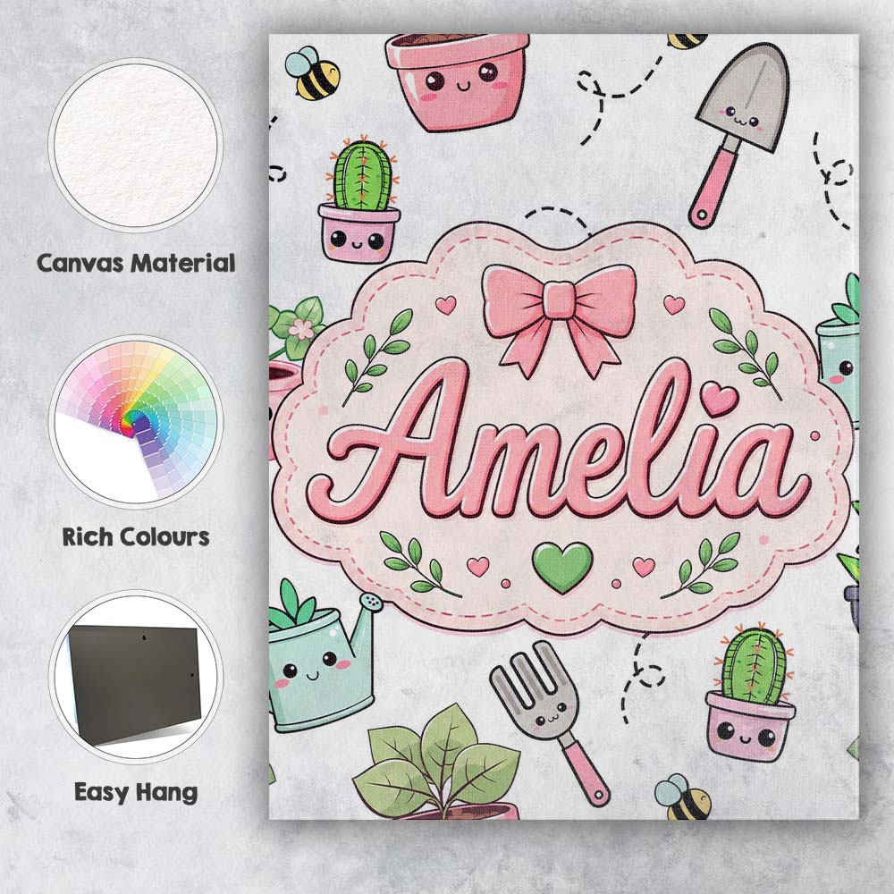 Personalised Name Cute Kawaii Garden Tools Custom  Unique Gift Idea Elegant Feature Canvas Wall Art Print Decor Picture Ready to Hang
