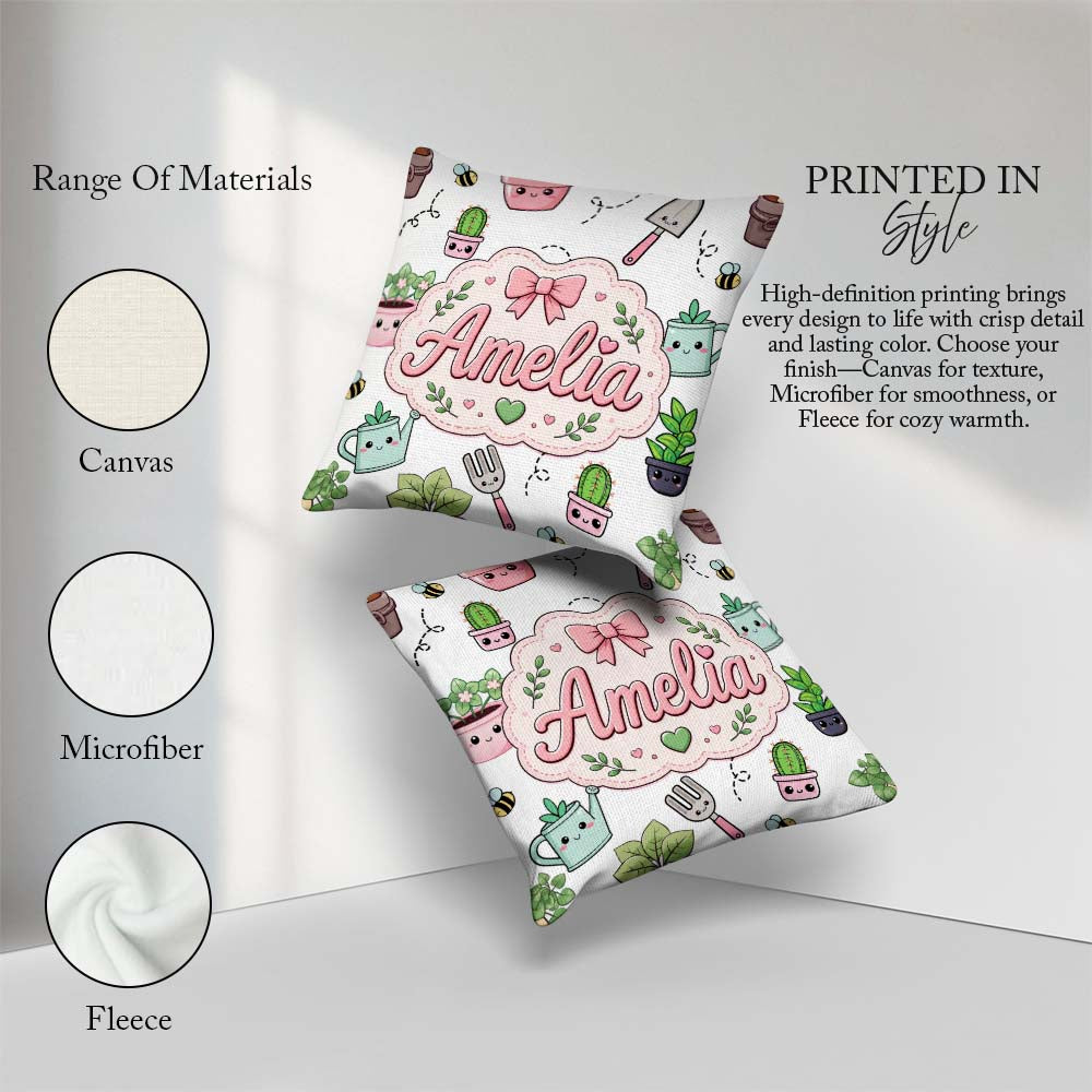 Custom Name Cute Kawaii Garden Plants Bees Seamless Pattern Grey Square Filled Cushion Throw Pillow Sofa Bed Home Decor Zip Washable UK Made