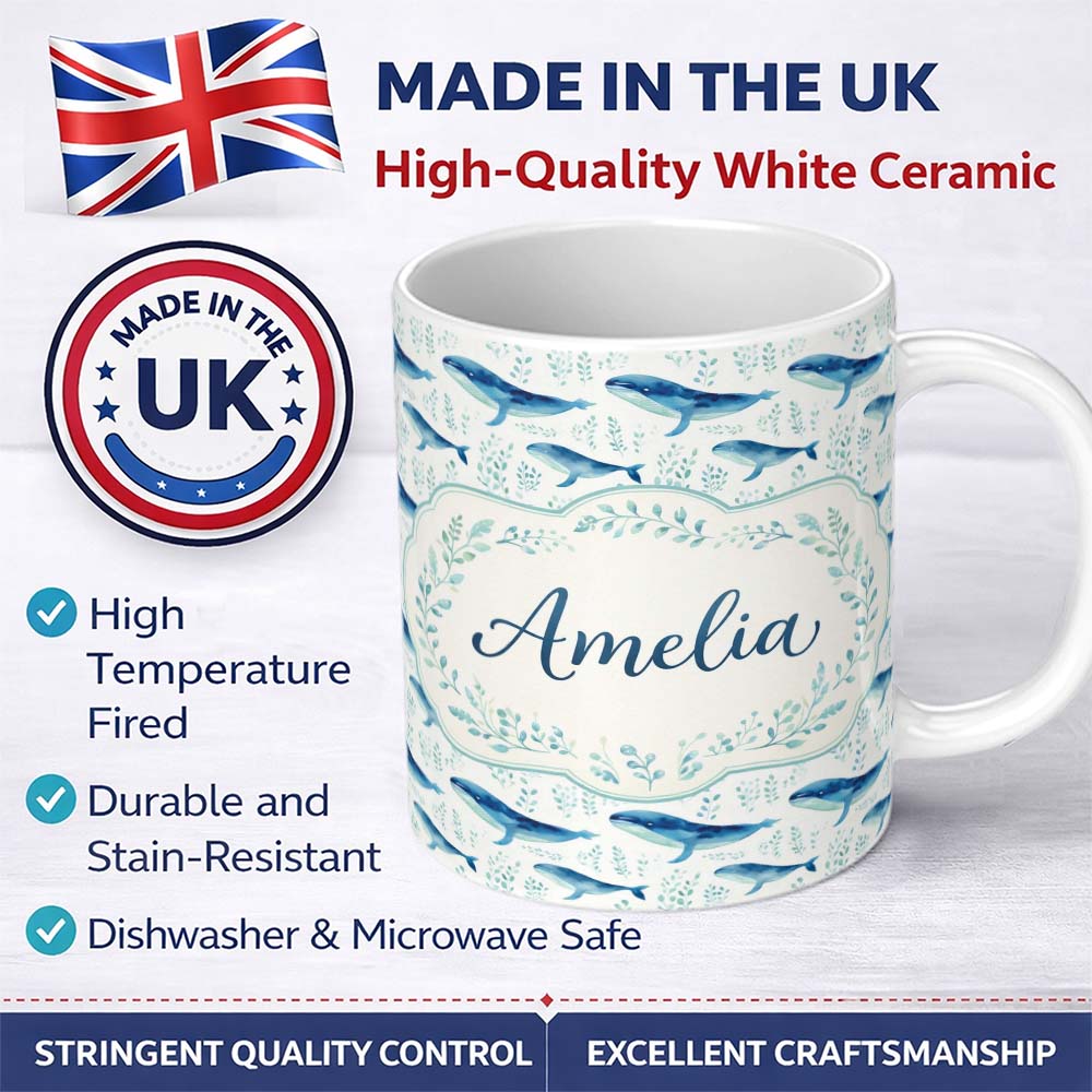 Personalized Custom Name Watercolor Blue Whale Seaweed Seamless Pattern Marine Ocean Design 11oz Ceramic Coffee Tea Mug White Large Handle