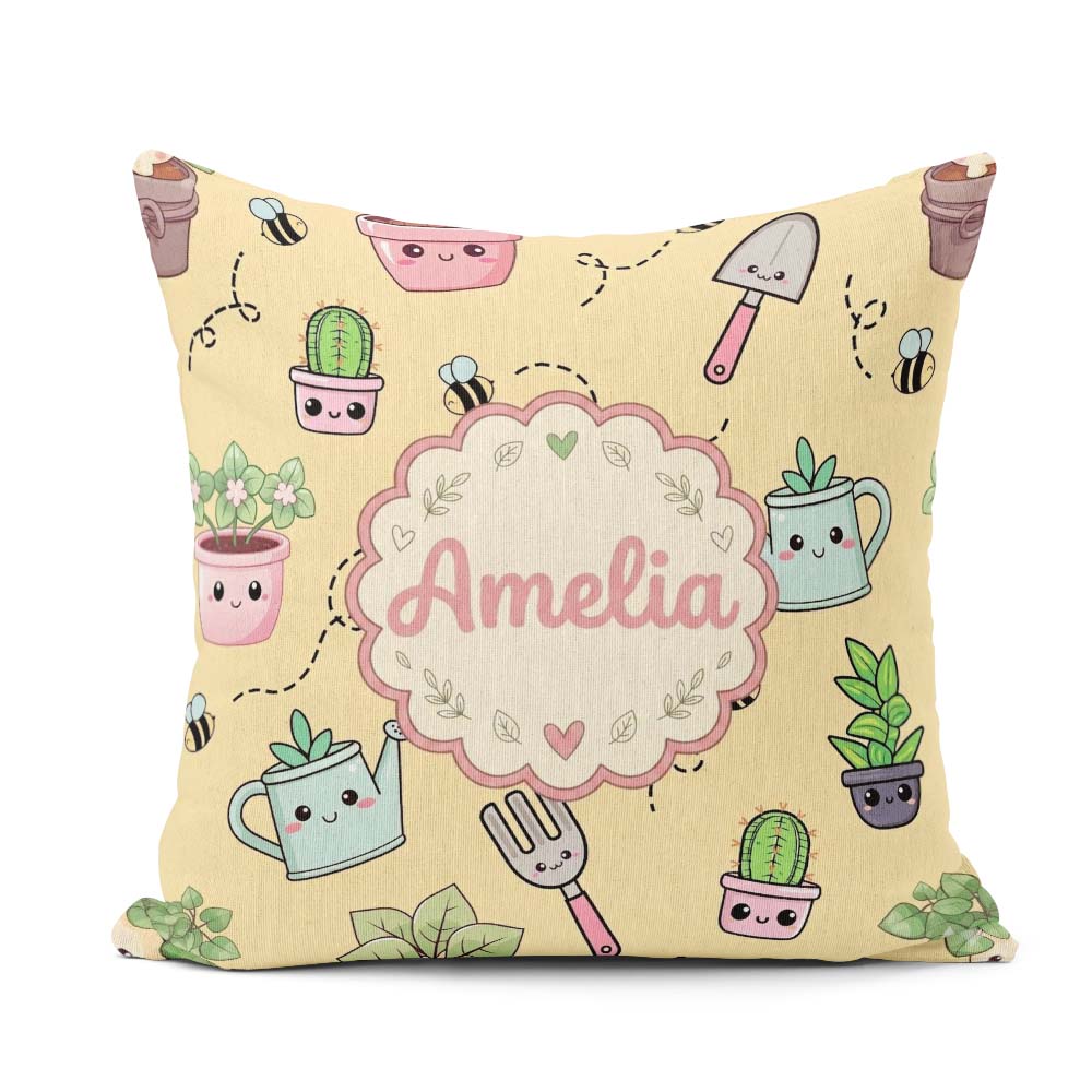 Custom Name Cute Kawaii Garden Tools Plants Bees Seamless Yellow Square Filled Cushion Throw Pillow Sofa Bed Home Decor Zip Washable UK Made