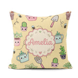 Custom Name Cute Kawaii Garden Tools Plants Bees Seamless Yellow Square Filled Cushion Throw Pillow Sofa Bed Home Decor Zip Washable UK Made