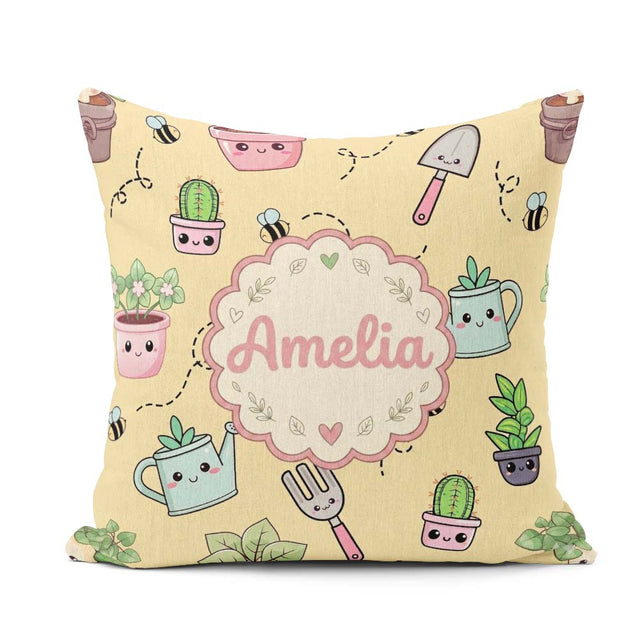 Custom Name Cute Kawaii Garden Tools Plants Bees Seamless Yellow Square Filled Cushion Throw Pillow Sofa Bed Home Decor Zip Washable UK Made