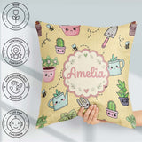 Custom Name Cute Kawaii Garden Tools Plants Bees Seamless Yellow Square Filled Cushion Throw Pillow Sofa Bed Home Decor Zip Washable UK Made