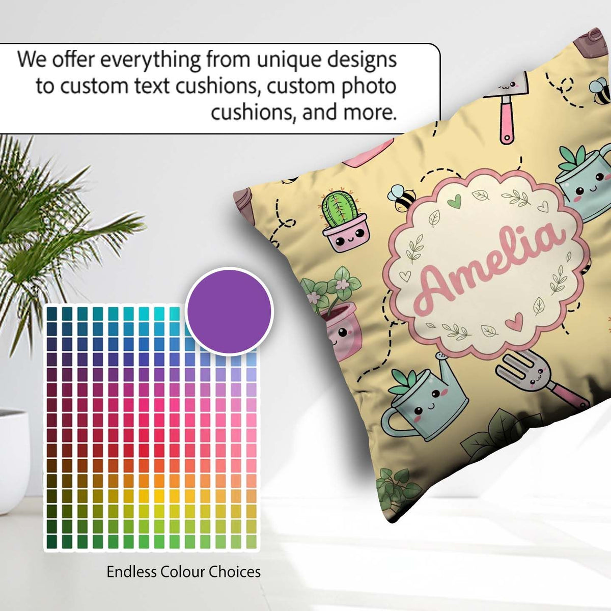 Custom Name Cute Kawaii Garden Tools Plants Bees Seamless Yellow Square Filled Cushion Throw Pillow Sofa Bed Home Decor Zip Washable UK Made