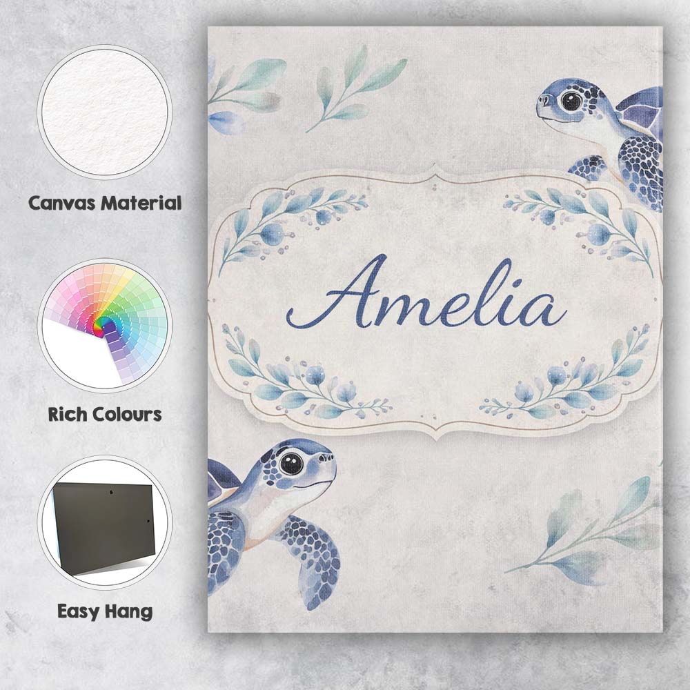 Personalised Name Watercolor Sea Turtle Ocean Minimal Leaf Seamless Custom Canvas Wall Art Print Decor Picture Ready to Hang