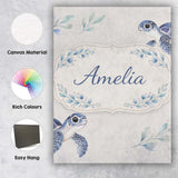 Personalised Name Watercolor Sea Turtle Ocean Minimal Leaf Seamless Custom Canvas Wall Art Print Decor Picture Ready to Hang