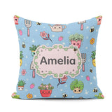 Custom Name Kawaii Garden Tools Plants Bees Seamless Blue Floral Square Filled Cushion Throw Pillow Sofa Bed Home Decor Zip Washable UK Made