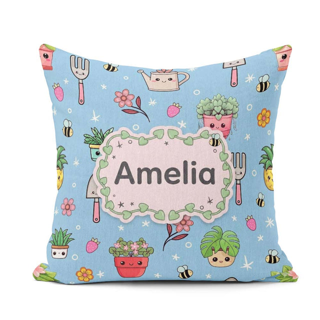 Custom Name Kawaii Garden Tools Plants Bees Seamless Blue Floral Square Filled Cushion Throw Pillow Sofa Bed Home Decor Zip Washable UK Made