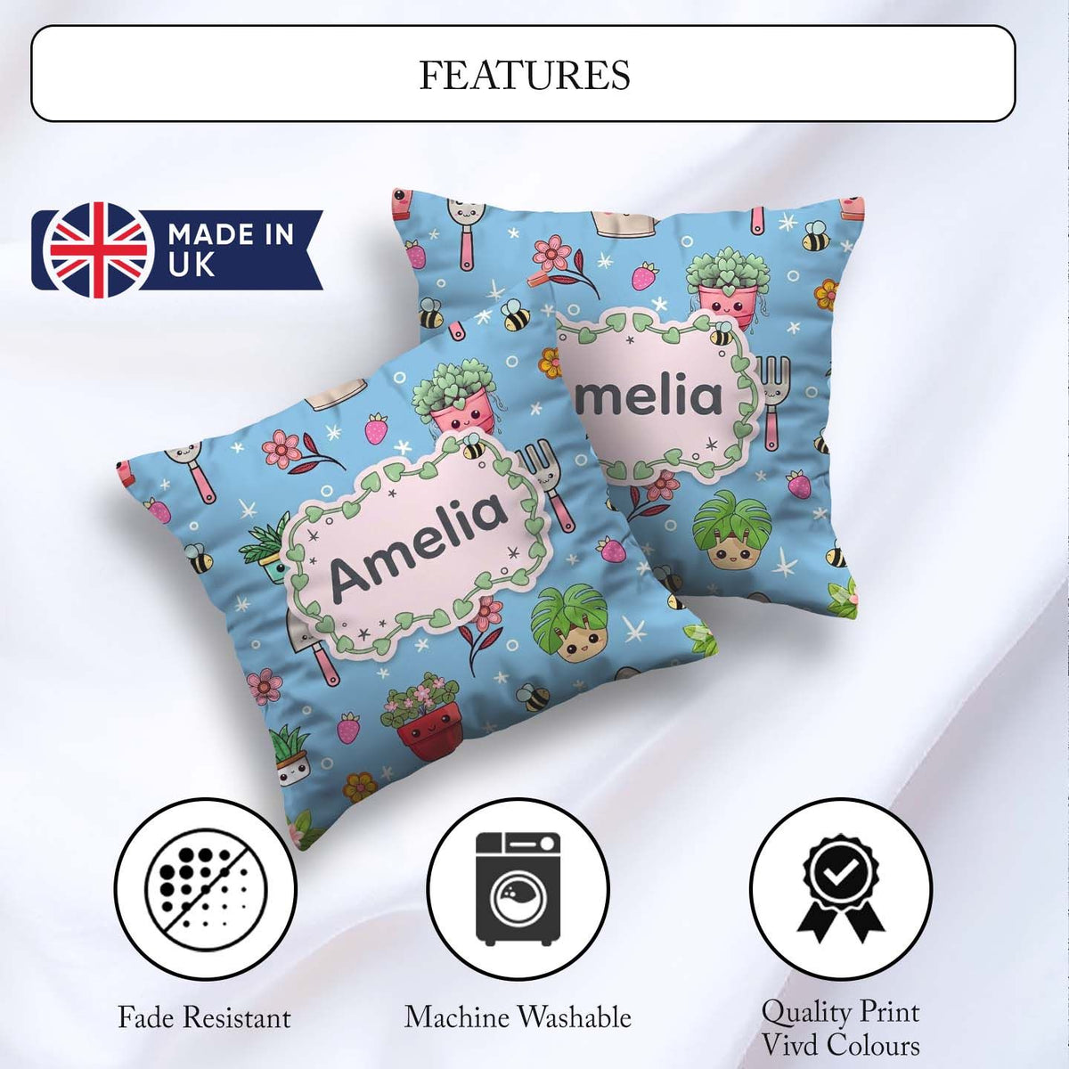 Custom Name Kawaii Garden Tools Plants Bees Seamless Blue Floral Square Filled Cushion Throw Pillow Sofa Bed Home Decor Zip Washable UK Made